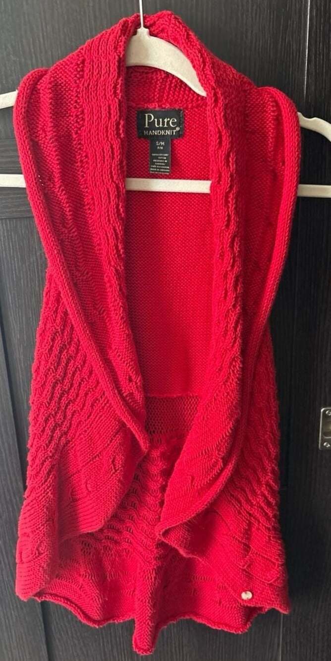 Pure Handknit Red 100% Cotton Cable Knit Open Front Vest Sweater S/M
